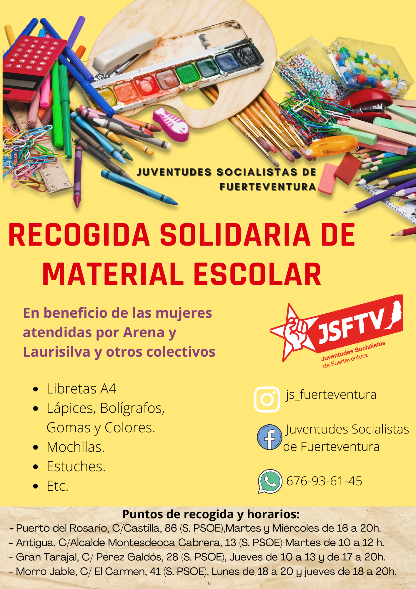 Cartel-Recogida-de-Material-Escolar-JSFTV-1 Juventudes Socialistas de Fuerteventura recogerá material escolar en favor de las víctimas de violencia de género